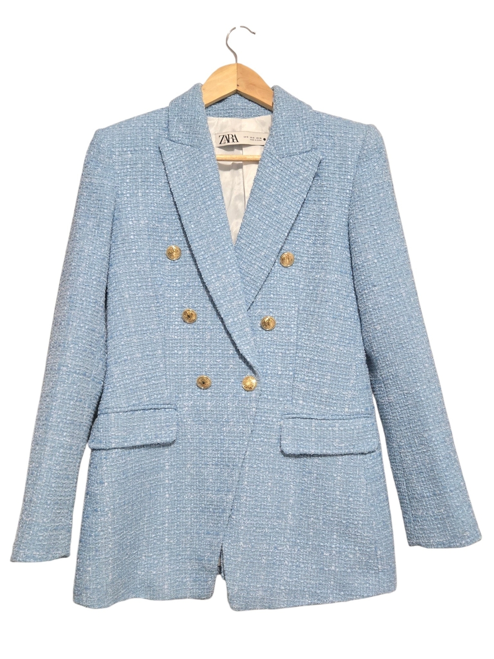 Zara Blue Tweed Double Breasted Blazer Gold Button Jacket Size S Womens